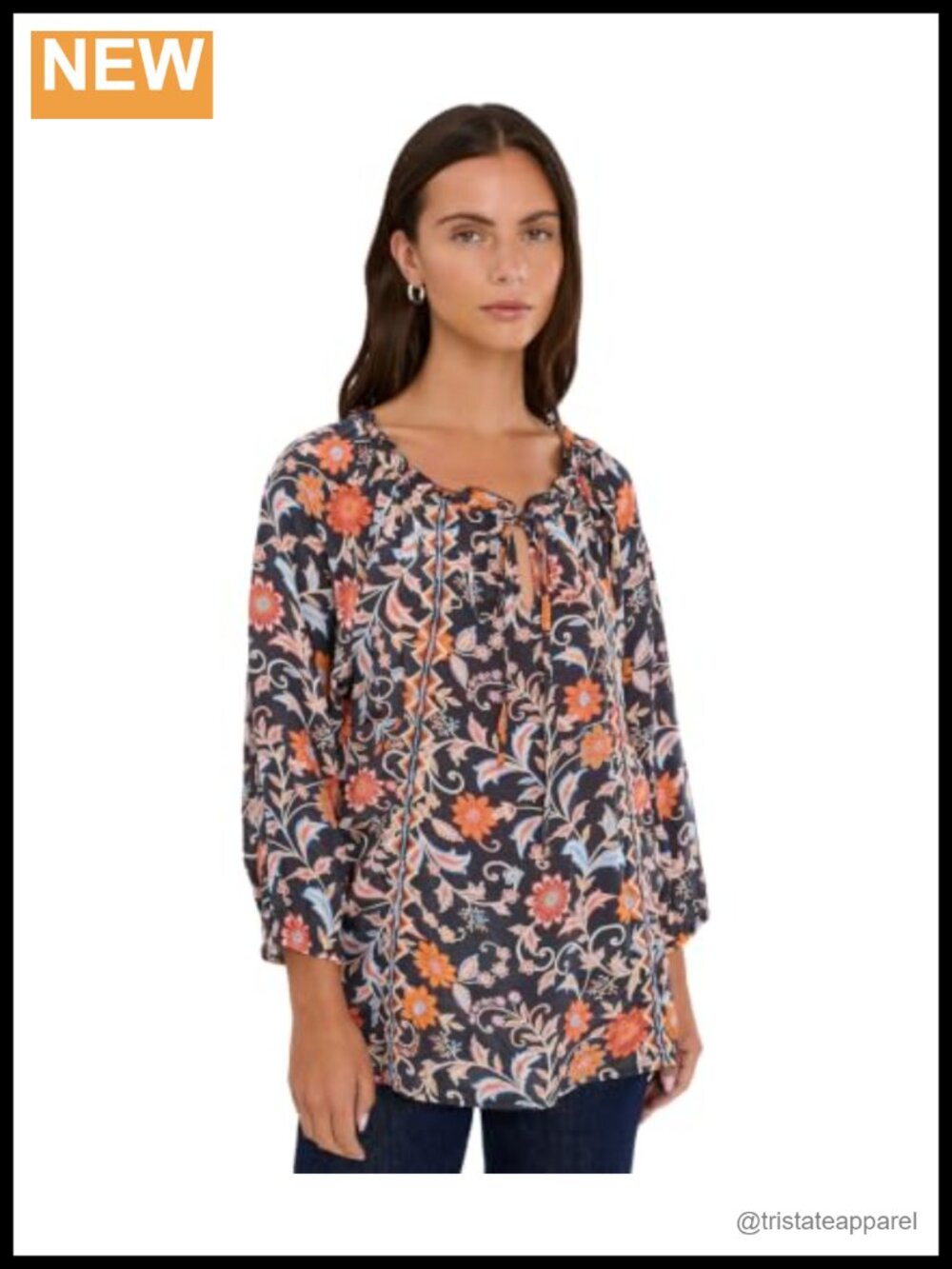 Floral V-Neck Blouse 3/4 Sleeve Relaxed Fit Long Length Cupra Rayon